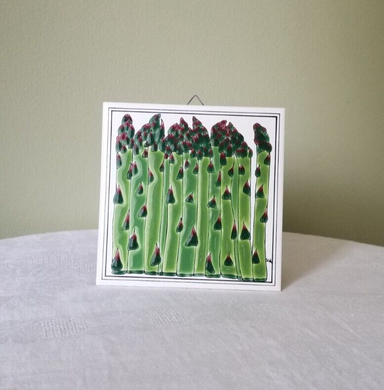 Vtg. Handmade Ceramic Asparagus Raised Wall Tile Decor Green White Red Signed gallery