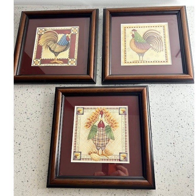 Set of 3 Framed Rooster Art Prints Farmhouse Country Kitchen Professional Frame