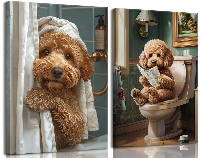 libitea 2 Pcs Funny Animal Bathroom Canvas Wall Art Cute Dog Reading Newspape...