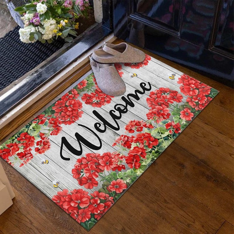 Spring Summer Door Mat, Geranium Welcome Flowers Doormat, Spring Home Decor Non gallery
