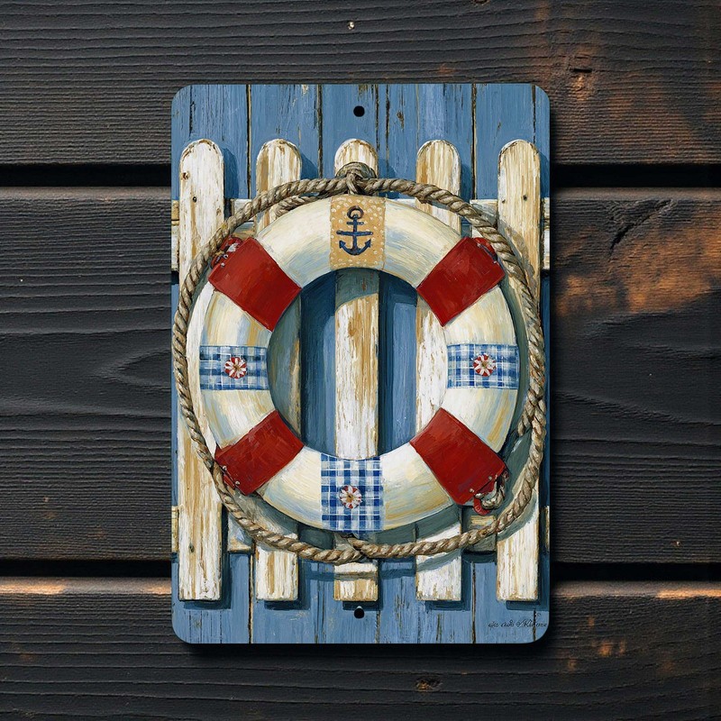 Nautical Life Preserver Metal Wall Sign, 8×12 Coastal Anchor Beach Decor