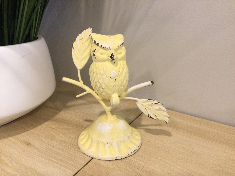 Yellow Cast Iron Owl Doorstop Or Sit on Shelf Cute Unique 6-1/2” Tall