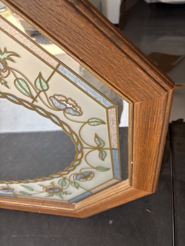 Vintage 80's Octagonal Floral Etched Mirror Retro Stained Glass Wood Frame Pink gallery