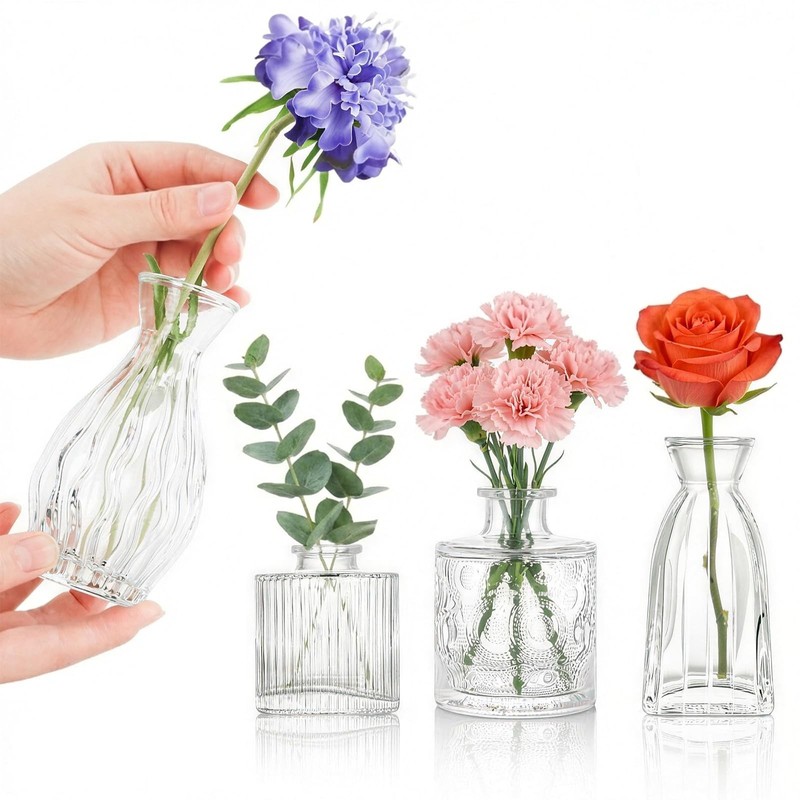 Glass Bud Vases Set of 4, 4 Sizes of Small Flower Vase for Party or Home Table D