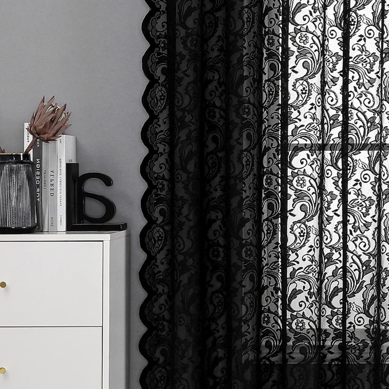 Black Sheer Lace Curtains 84 inch Vintage Floral Sheer Gothic Curtain Panels for gallery