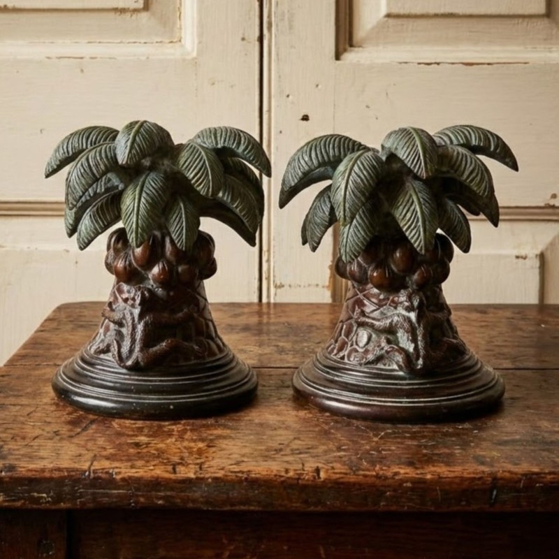Palm Tree Monkey Bookends Bronze Finish Heavy Resin Tropical Jungle Decor Pair