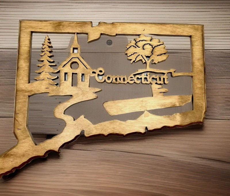 Connecticut Sign, State Sign Plaque Wood Natural Hand Carved Wooden