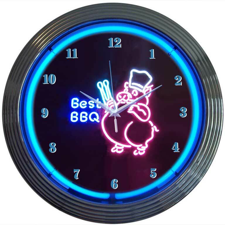 Best BBQ Pig Restaurant Blue Neon Wall Clock 15″ Diameter 8BBQPI Neonetics