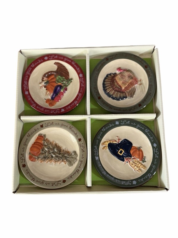 MWW Market Let Us Give Thanks Mini Plate Set of 4 Ceramic Thanksgiving Turkey