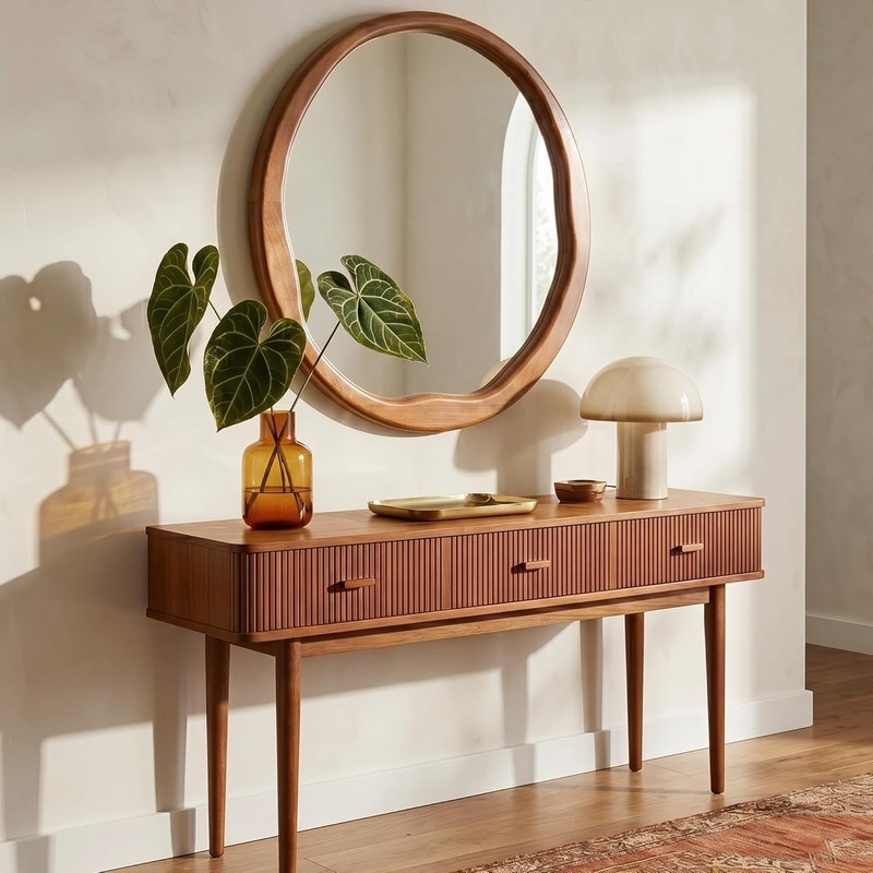 24" Walnut Round Mirror, Retro Mid-Century Solid Wood Frame with Wavy Inner Edge gallery