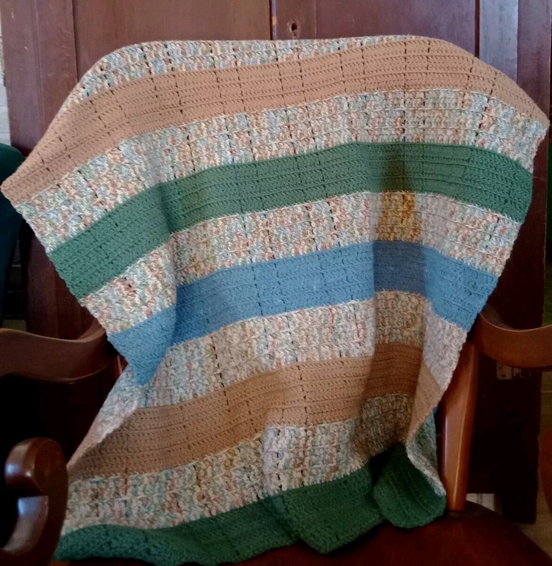 New Vintage Handmade Crochet Afghan 35″ x 50″ Blue Green Tan Earth Tone Stripe