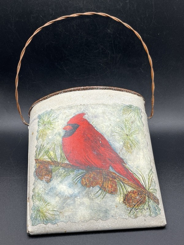 Decorative Tin Wall Hanging Pocket Decor w/ Cardinal Bird on Pine Limb