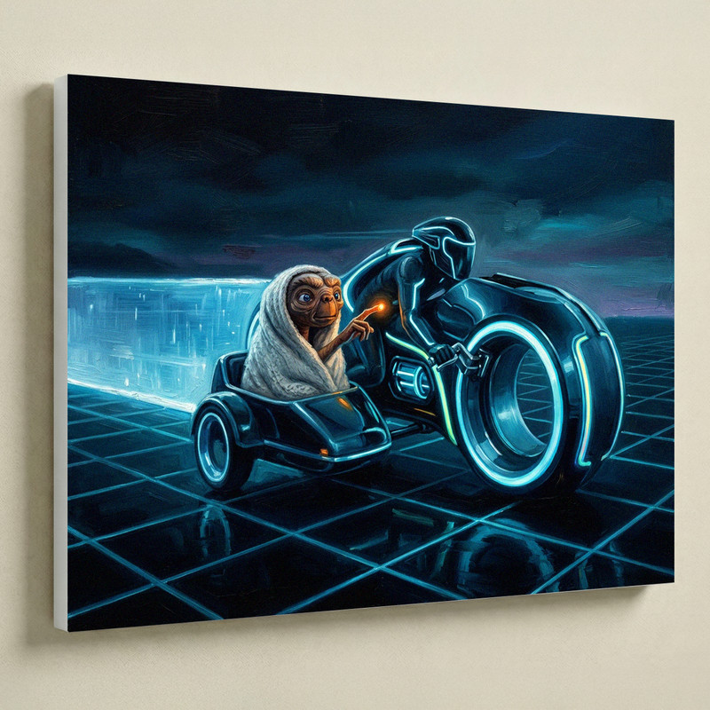 Retro 80s Sci-Fi Mashup E.T. on Tron Lightcycle Canvas 16×12 Wall Art Decor