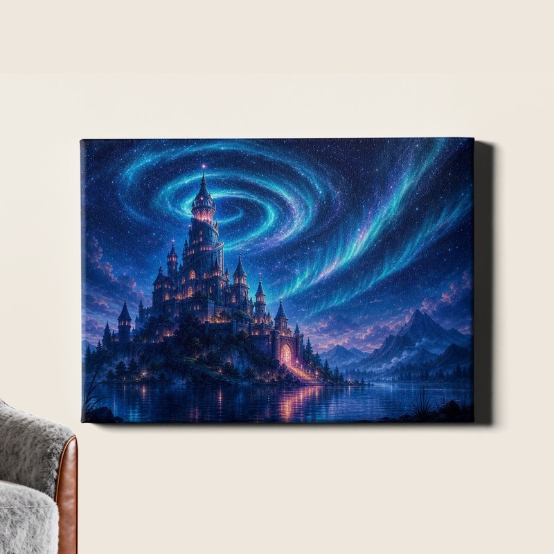 Night lake fantasy castle under aurora Canvas Art magical sky landscape
