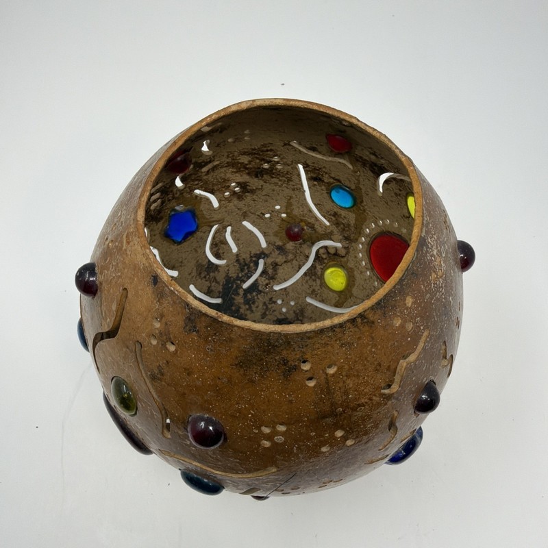 Vintage Handmade Coconut Shell Celestial Multicolored Stone Inlay Tabletop gallery