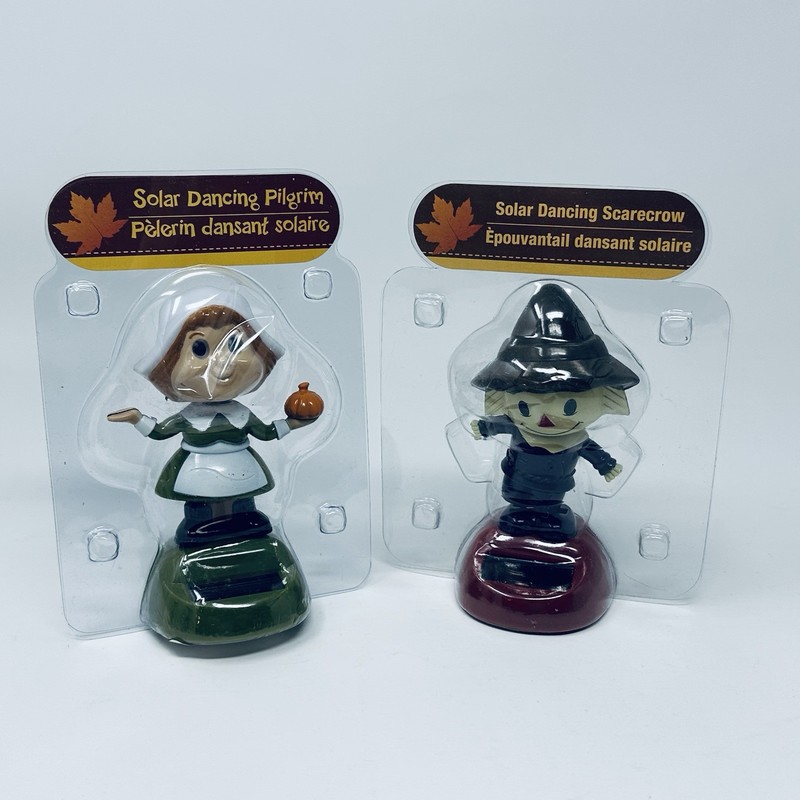 Solar Sun Powered Dancer Thanksgiving Fall Scarecrow & Pilgrim Bobble Head