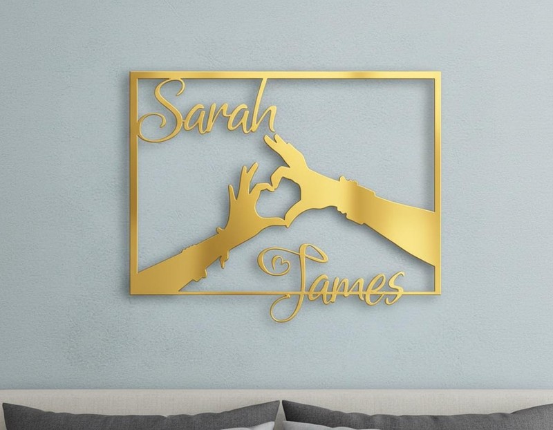 Personalized Metal Name Sign Wall Art Custom Hands Heart Couple Wedding Gift
