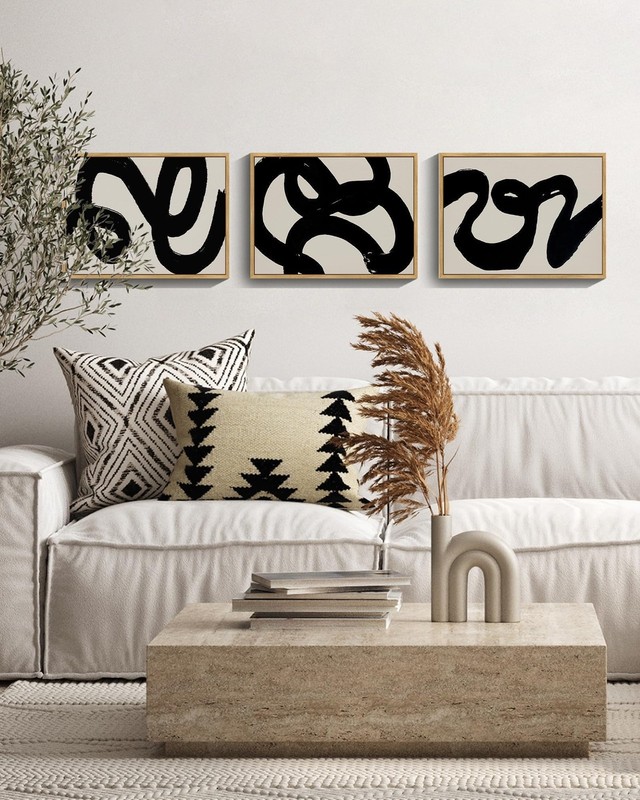 Black Abstract Wall Art Ink Wash Minimalist Lines Framed Canvas Painting Artw... gallery