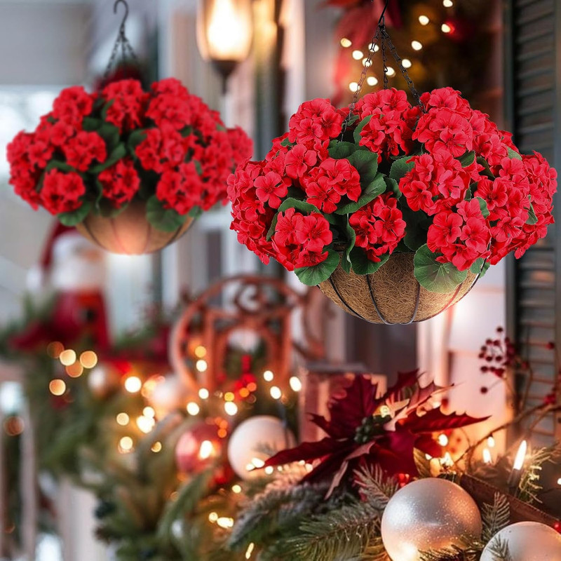 2 Set Artificial Red Geraniums Flowers for Outdoors with Hanging Baskets, 2 Hang gallery