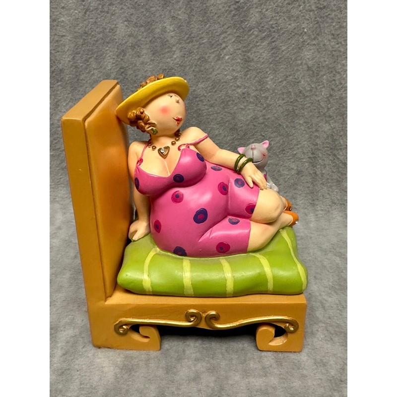 Whimsical Lounging Lady with Cat Resin Figurine Pink Green Delton Products Corp