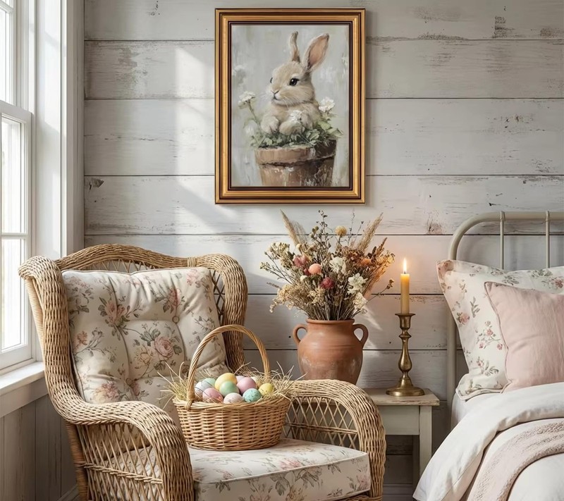 Vintage Gold Framed Wall Art Easter Bunny Canvas Painting Rural Cute Rabbits ... gallery