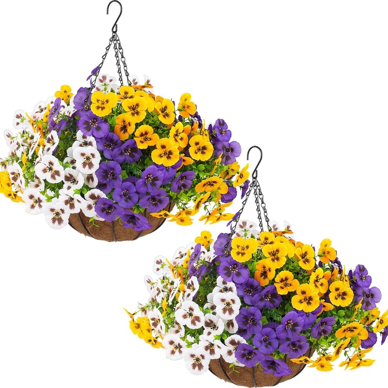 2 Sets Artificial Hanging Pansy Flowers with Baskets 24 Pcs UV Resistant Faux S