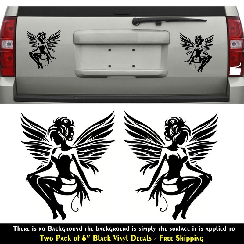 Sexy Fairy Pixie Angel Wings Two Pack 6″ Black Vinyl Decal Car Window Mirror