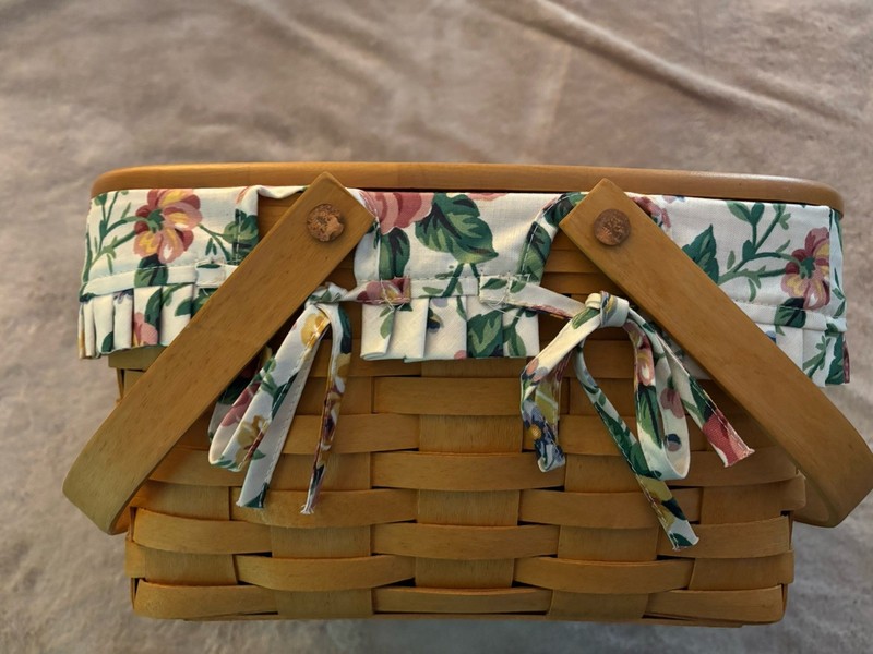 Longaberger Rectangular Basket w/ Riser & Wooden Lid & Floral Fabric Liner gallery