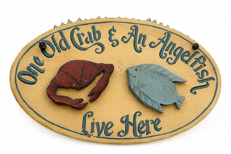 Vintage Nautical Wood Sign One Old Crab & Angelfish Live Here Beach Decor Art