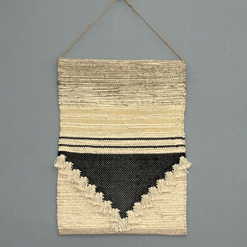 Threshold Woven Geometric Wall Hanging Tassel Trim Beige Black Boho Decor 18×25