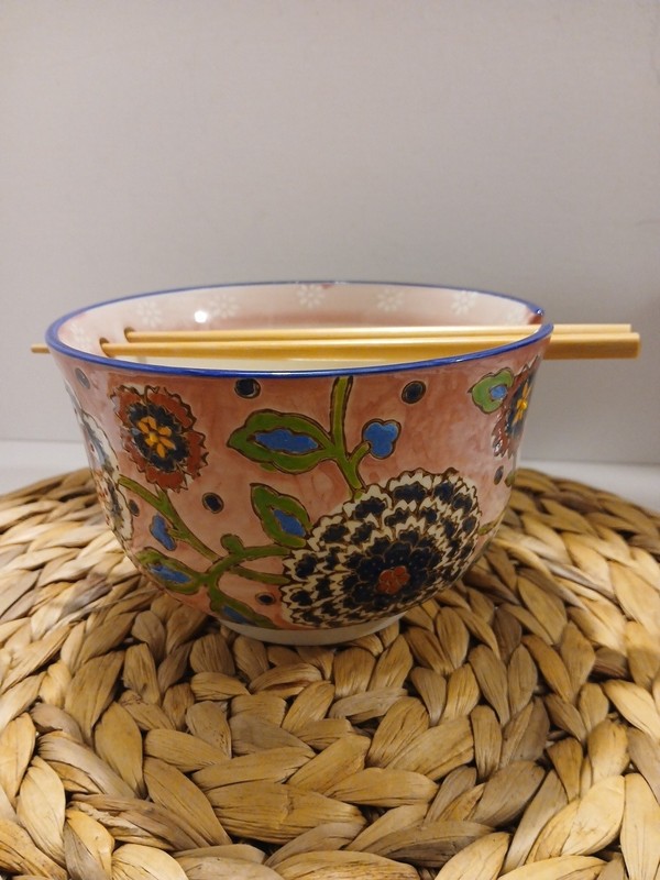 Mosaic Style Colorful Blossoms Noodles Soup Rice Bowl With Chopsticks Set