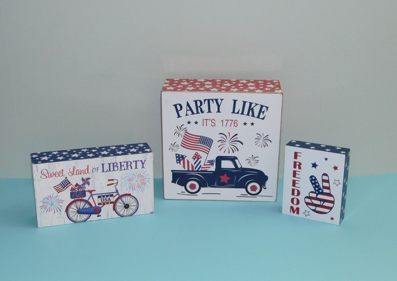 PATRIOTIC WOODEN BOX BLOCK DECOR LOT LIBERTY FREEDOM PEACE 1776 BIKE TRUCK STARS