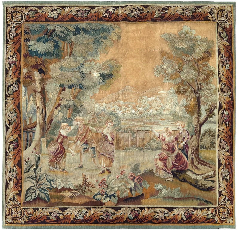 7×7 Antique French Art Nouveau Tapestry Verdure Scene Game with Figures C.1890