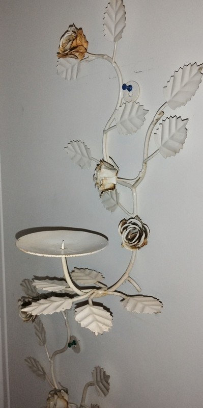Vintage White Painted Metal Floral Rose Wall Sconce Pillar Candle Holder