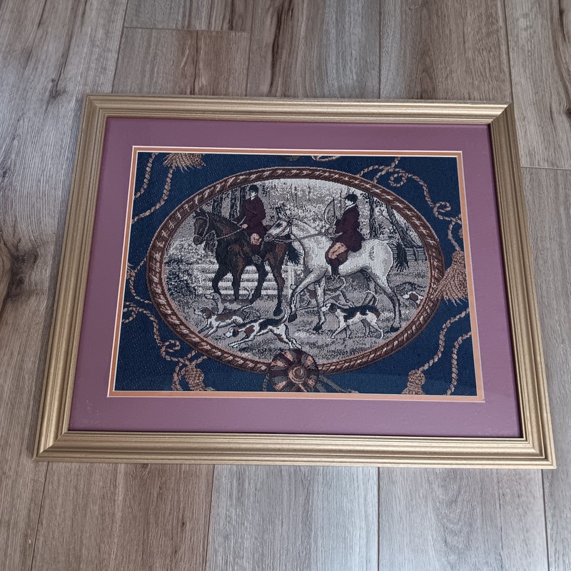 Vintage Framed English Fox Hunting Scene Tapestry Equestrian Country Estates