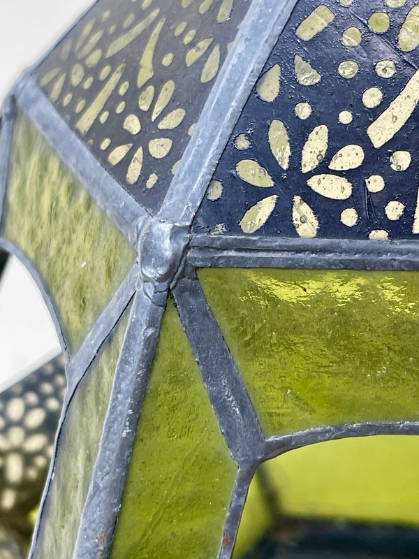 Moroccan Style Hanging Lantern Candle Holder Green Glass Soldered Metal Hexagon gallery
