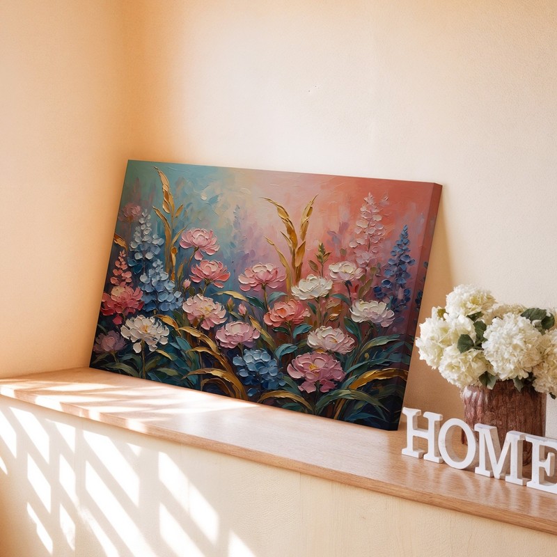 Floral Canvas Wall Art Pink Blue White Blossoms with Gold Leaves Painting Print gallery