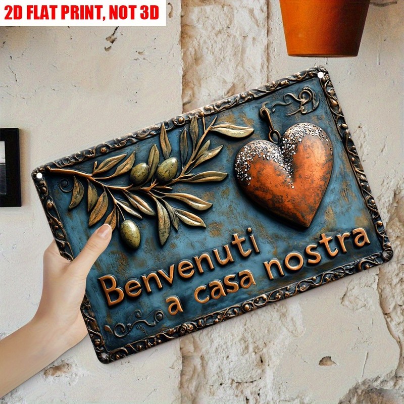 Vintage Italian Benvenuti a Casa Nostra Metal Sign Olive Branch Heart Home Decor