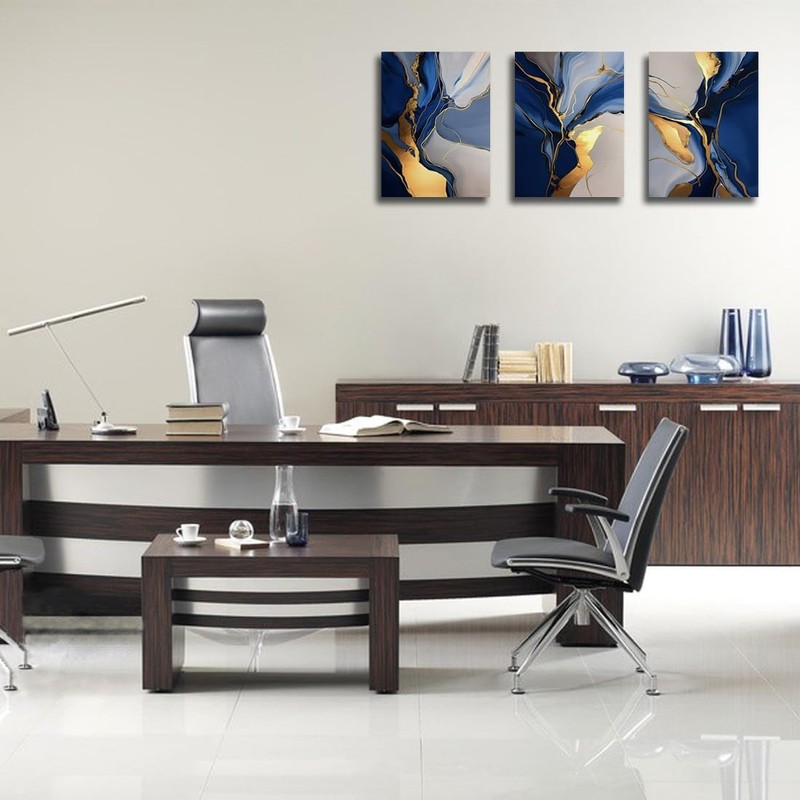 Blue Abstract Canvas Prints Wall Art Decor- Blue and Gold Artwork Paintings P... gallery
