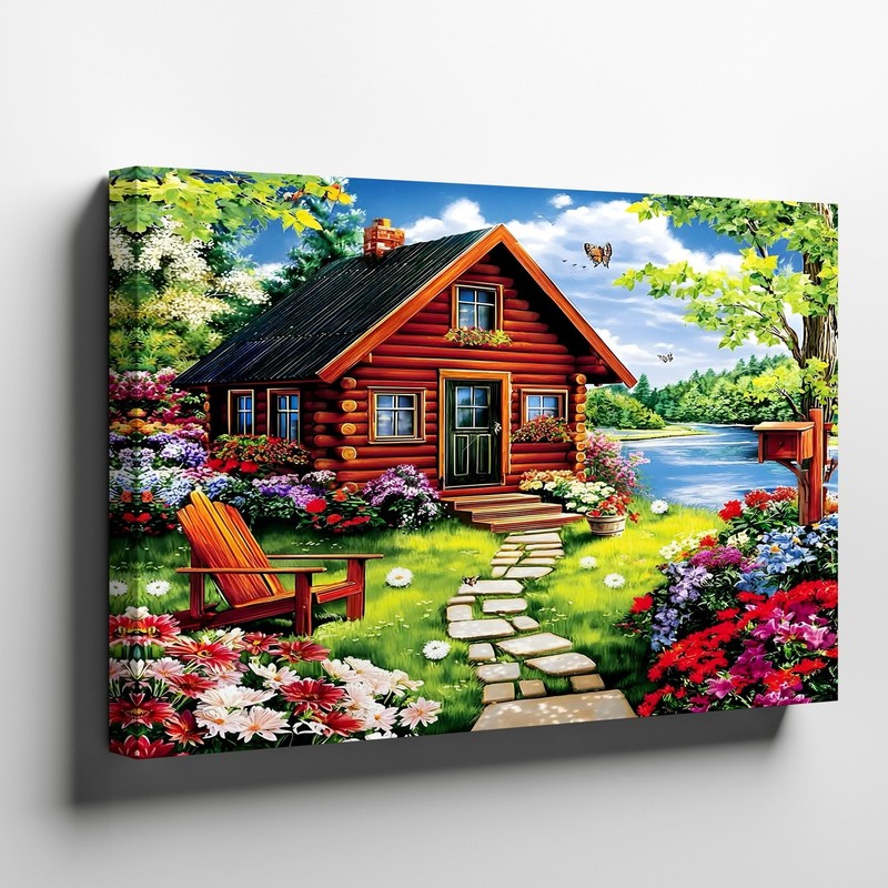 Cozy Log Cabin with Flowers and Serene Lakeside Nature Scene Garden Canvas Decor