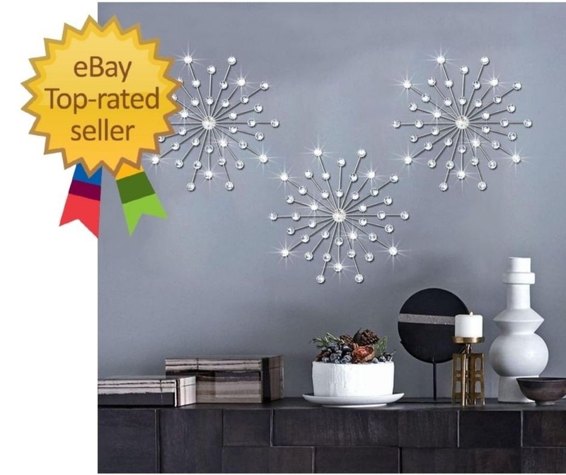 Silver Starburst Wall Art Set – 18″ Metal Decor with Rhinestones