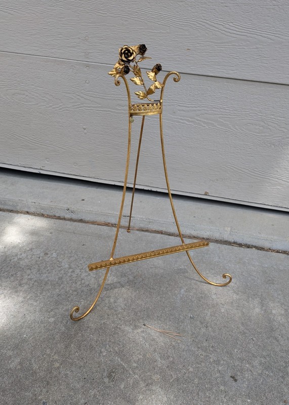 Vintage Italian Regency Florentine Gold Gilt Metal Display Easel Stand Floral