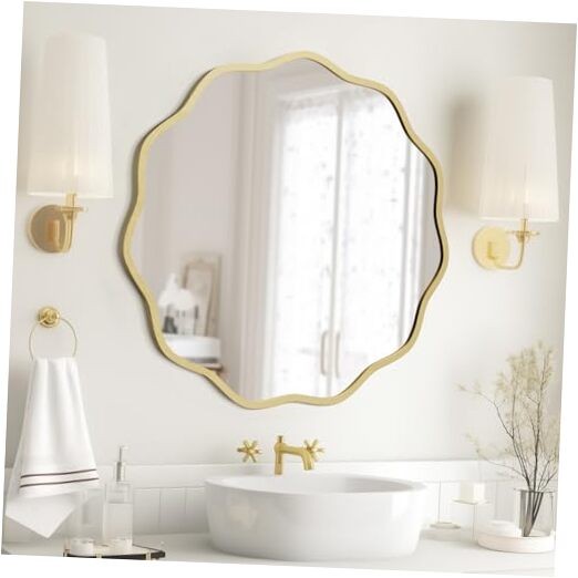 Round Wavy Mirror for Wall Decorative 24 inch, Modern Round 24″L x 24″W Gold