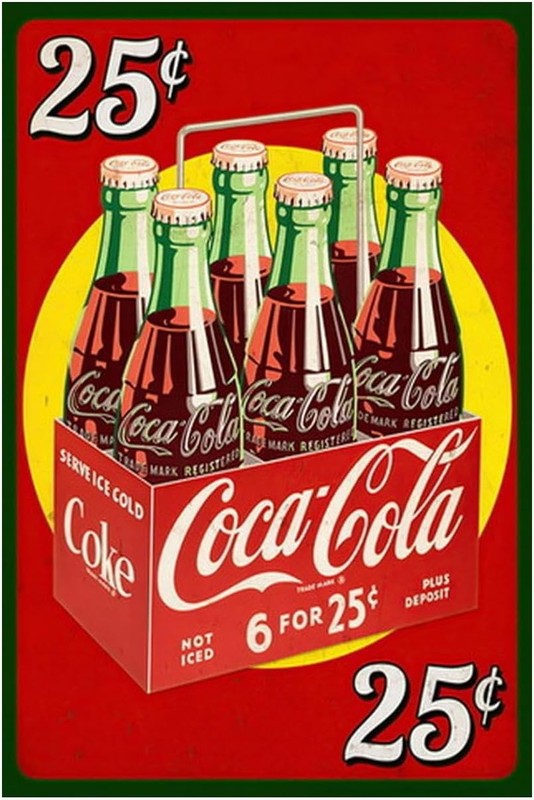 Coke 6 PAck 25 Cents Vintage Advertising All Metal Tin Sign 12 x 18 Inches