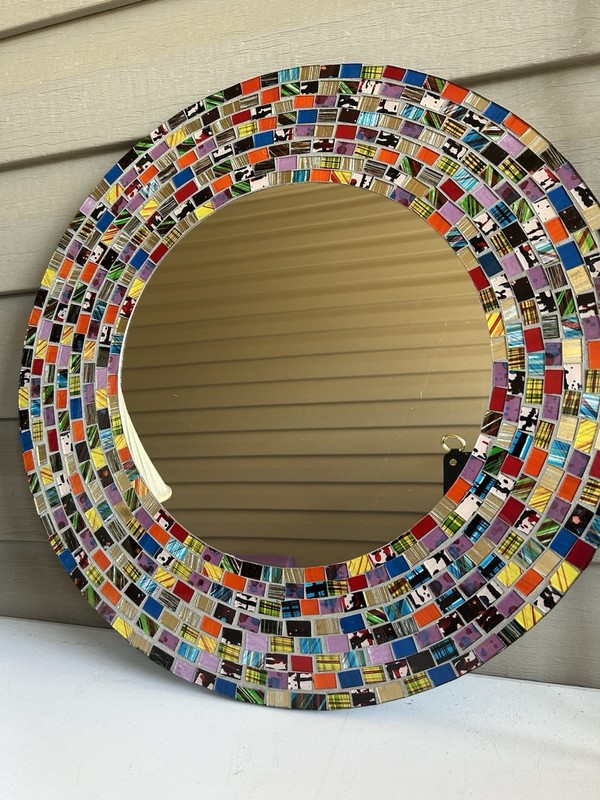 Handcrafted Glass Mosaic Decorative Wall Mirror, 20″ Round Bohemian Abstract