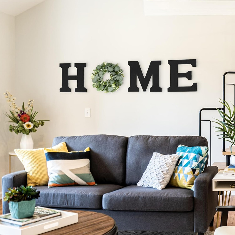 Wood Home Sign with Artificial Eucalyptus Wreath for O, Hanging Farmhouse Wall H gallery