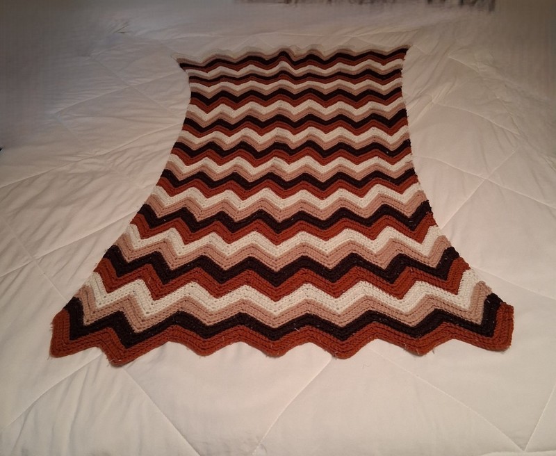 VTG Handmade Crochet Chevron Afghan 30" x 60" Brown Rust Cream Boho Throw OOAK gallery