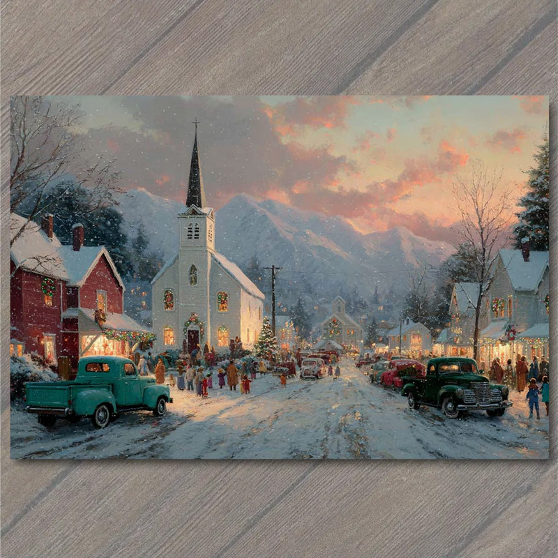 Art Print Christmas Town Sunset Church Street Snow Mountains Trucks Lights Festi