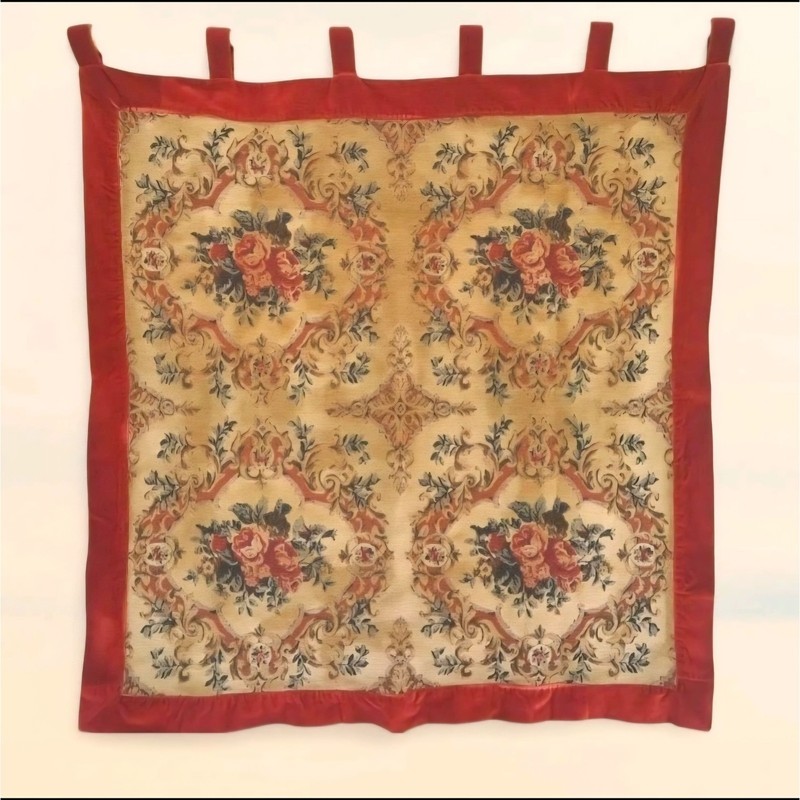 Vintage Floral French Chenille Jacquard Beige & Red Tapestry Wall Hanging