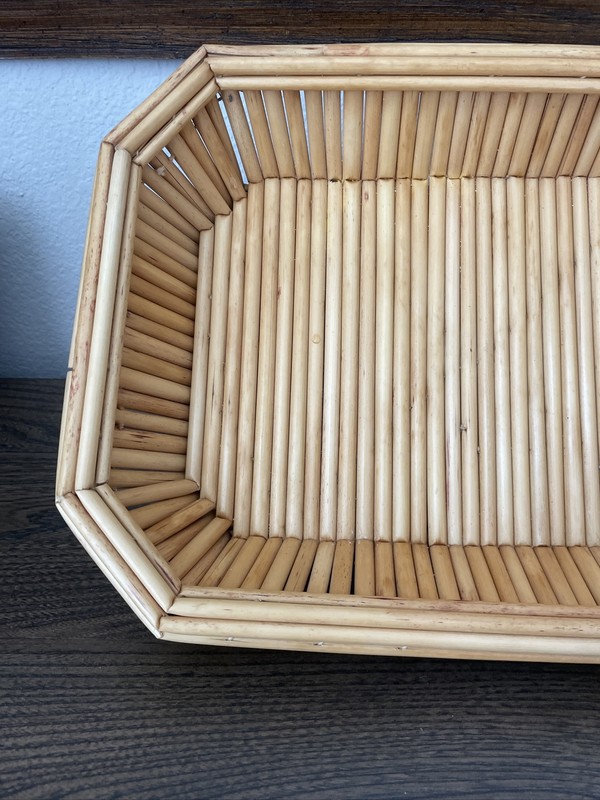 VTG Octagonal Reed Tray Bread Basket Table Centrepiece Handmade Cane MCM Retro gallery